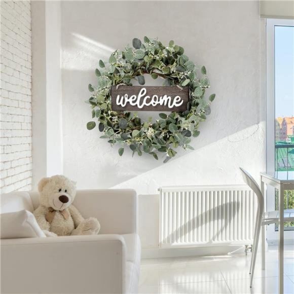 Green Eucalyptus Leaf Wreath with Welcome Sign 20in Artificial Eucalyptus Wreath - Picture 4 of 7